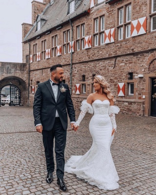 Superbe robe de mariée sirène à épaules dénudées avec appliques en dentelle florale_3