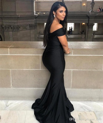 Black Off-the-Shoulder Slim Mermaid Party Dress Stretch Satin Prom Dress_3