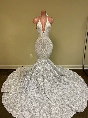 Halter White Mermaid Prom Dress Sleeveless V-Neck Party Gown_2