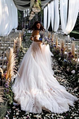 Vestido de novia Aline con hombros descubiertos Vestido de novia de encaje floral para novia_6