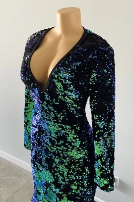 Dark Green Sequined Mermaid Prom Dres with Sleeves V-Neck Party Gown_5