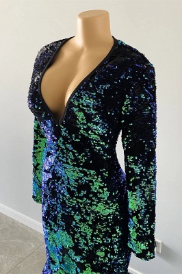 Robe de soirée sirène à paillettes vert foncé avec manches et col en V_5