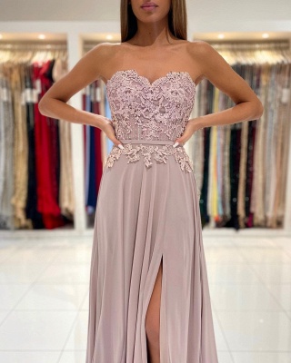 Robe de bal de soirée fendue sur le côté avec appliques en dentelle florale_2