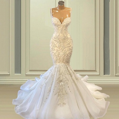 Superbe robe de mariée sirène chérie bretelles perles longue robe de mariée_2