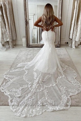 Elegant Lace White Mermaid Wedding Dress Sleeveless Tulle Bridal Gown_2