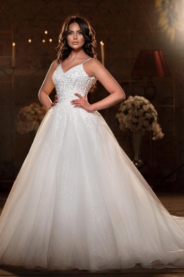 Bretelles Spaghetti Blanches Aline Robe De Mariée Tulle Dentelle Appliques Robe De Mariée_1