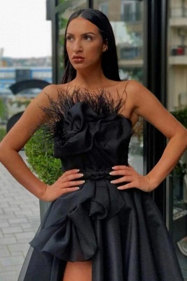 Black Strapless Side Slit Evening Dress Long Fur Prom Dress_2