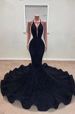 Robe de bal sexy noire à double col en V et robe de soirée sirène sans manches_1