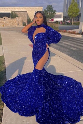 Sexy Glitter Sequins Royal Blue Mermaid Prom Dress with Long Sleeves_2