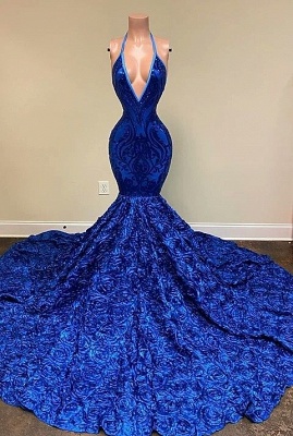 Sexy Navy Blue Halter Mermaid Prom Dress 3D Flower Sequins V-Neck Party Gown_2