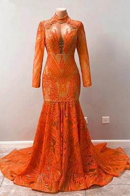 Orange High Neck Long Sleeve Glitter Mermaid Prom Dresses_3