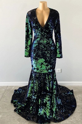 Robe de soirée sirène à paillettes vert foncé avec manches et col en V_2