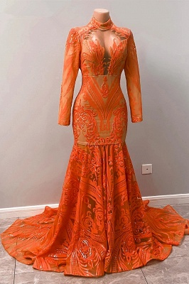 Orange High Neck Long Sleeve Glitter Mermaid Prom Dresses_4