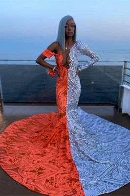 Stunning Long Sleeves Off Shoulder Bicolor Mermaid Prom Dress Party Wear Gown_1