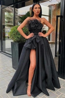 Black Strapless Side Slit Evening Dress Long Fur Prom Dress_1