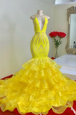 Sexy Halter V-Neck SHiny Yellow Mermaid Party Gown_1