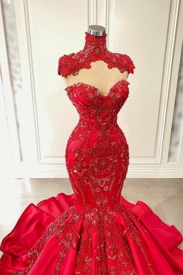 High Neck Red Mermaid Prom Dress with Lace Appliques_2