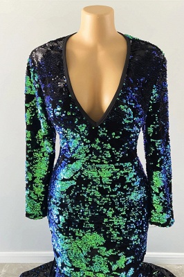 Dark Green Sequined Mermaid Prom Dres with Sleeves V-Neck Party Gown_4