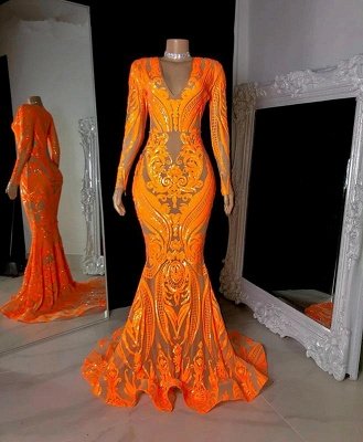 Orange Long Sleeves Mermaid Prom Dress with Glitter Sequins_2