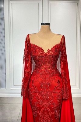Amazing Red Mermaid Lace Wedding Dres with Sweep Cape_2