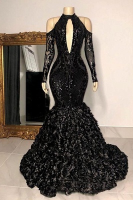 Robe de bal sirène noire Robe de soirée dos nu à manches longues_1