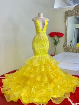 Sexy Halter V-Neck SHiny Yellow Mermaid Party Gown_2
