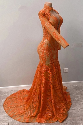 Orange High Neck Long Sleeve Glitter Mermaid Prom Dresses_5