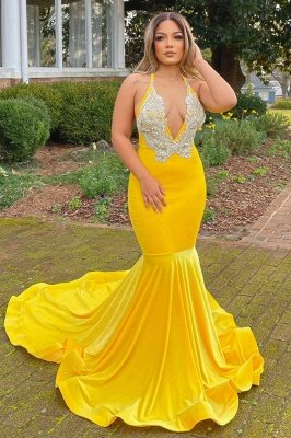 Amazing Yellow Halter Shiny Appliques Long Prom Dress Sleeveless Mermaid Party Dress_1