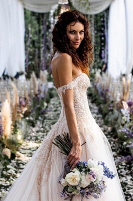 Off-the-Shoulder Aline Wedding Dress Floral Lace Bridal Dress for Bride_3