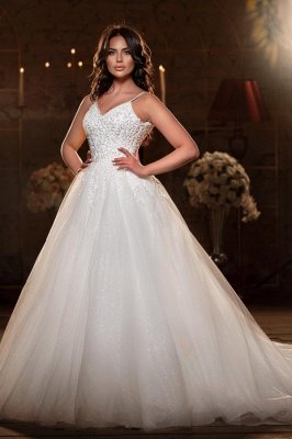 White Spaghetti Straps Aline Wedding Dress Tulle Lace Appliques Bridal Dress_1