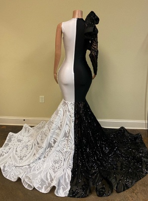 Unique Bicolor Tddecoration Mermaid Prom Dress V-neck One Shoulder Long Sleeve_4