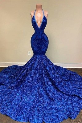 Sexy Navy Blue Halter Mermaid Prom Dress 3D Flower Sequins V-Neck Party Gown_1