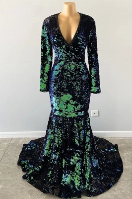Dark Green Sequined Mermaid Prom Dres with Sleeves V-Neck Party Gown_2