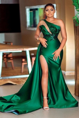 Vestido de fiesta largo de satén verde con un hombro Vestido de noche con abertura lateral con tren desmontable_1