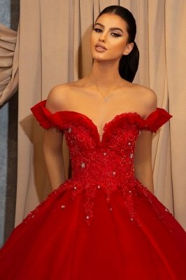 Robe de soirée rouge à épaules dénudées Robe de bal longue en dentelle_2