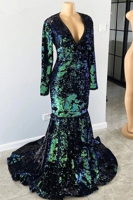 Dark Green Sequined Mermaid Prom Dres with Sleeves V-Neck Party Gown_3