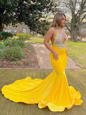 Amazing Yellow Halter Shiny Appliques Long Prom Dress Sleeveless Mermaid Party Dress_2