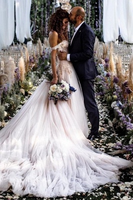 Off-the-Shoulder Aline Wedding Dress Floral Lace Bridal Dress for Bride_4
