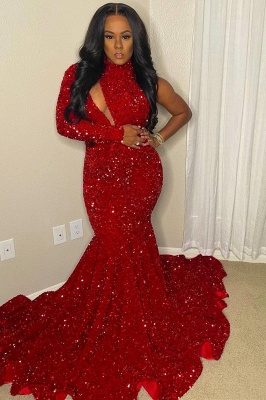 Sexy Red Sequined Mermaid Prom Dress High Neck Party Dress with One Shoulder