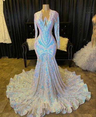 Sexy Glitter Sequins Mermaid prom dress Long Sleeves Special Occasion Dress_2