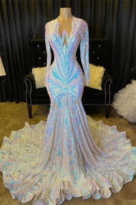Sexy Glitter Sequins Mermaid prom dress Long Sleeves Special Occasion Dress_1