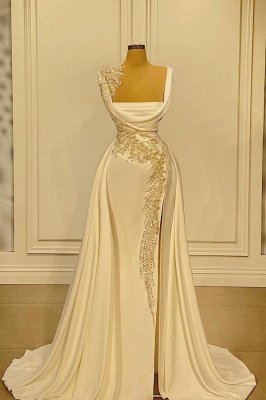 Square neck Pearls Crystals Satin Long Evening Dress Elegant Mermaid Prom Dress with Detachable Train_1