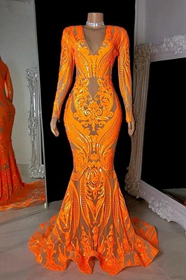 Orange Long Sleeves Mermaid Prom Dress with Glitter Sequins_1