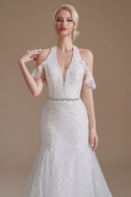 Elegante vestido de novia de sirena blanca con cuello halter vestido de novia con hombros descubiertos_7