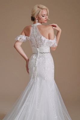 Elegante vestido de novia de sirena blanca con cuello halter vestido de novia con hombros descubiertos_8