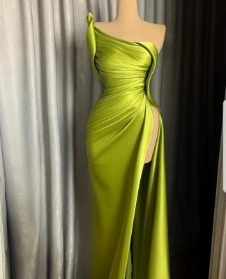 One Shoulder satin Green Prom Dress Side Slit Evening Dress_1