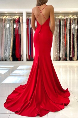 Robe de bal sirène sexy en satin rouge avec bretelles Robe de soirée longue sans manches_4