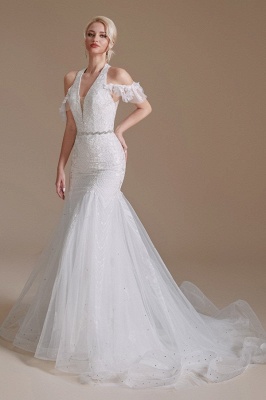 Elegante vestido de novia de sirena blanca con cuello halter vestido de novia con hombros descubiertos_4