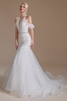Elegante vestido de novia de sirena blanca con cuello halter vestido de novia con hombros descubiertos_5