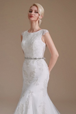 Chic White Mermaid Wedding Dress Long Lace Bridal Dress with Cap Sleeves_7